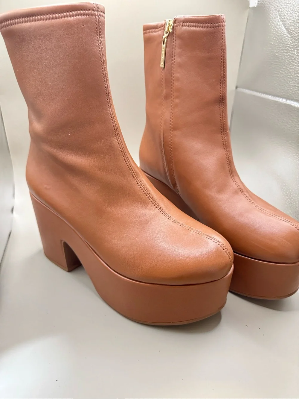 Women’s Tan Leather Platform Ankle Boots with Gold Zipper